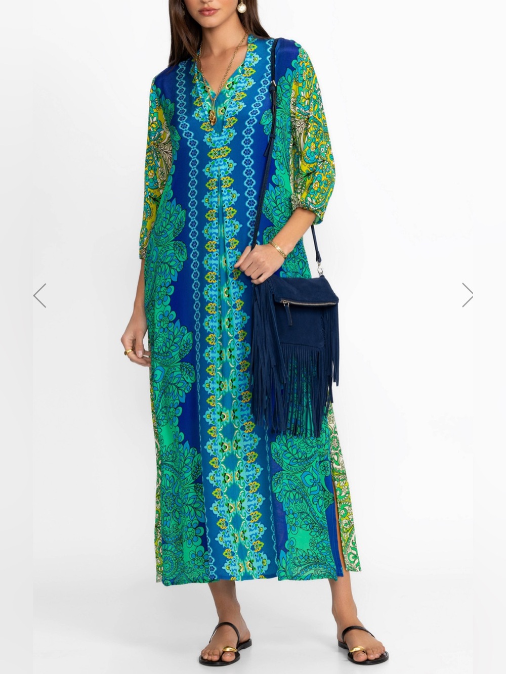 Johnny Was Kahinu 100% Silk Maxi Dress Kaftan Blue Green Floral XS NEW - Picture 4 of 14